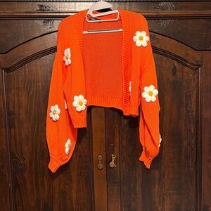 SHEIN Orange Daisy Embellished Cardigan